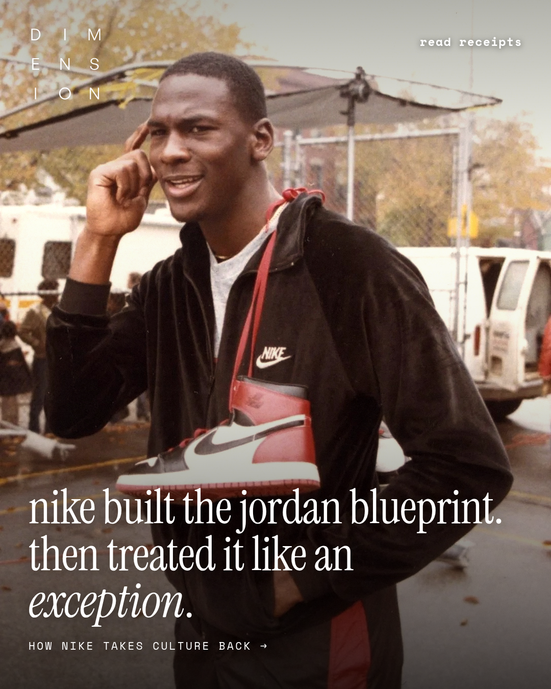 Michael Jordan carrying a pair of Air Jordan 1s, with the headline “Nike built the Jordan blueprint. Then treated it like an exception.”